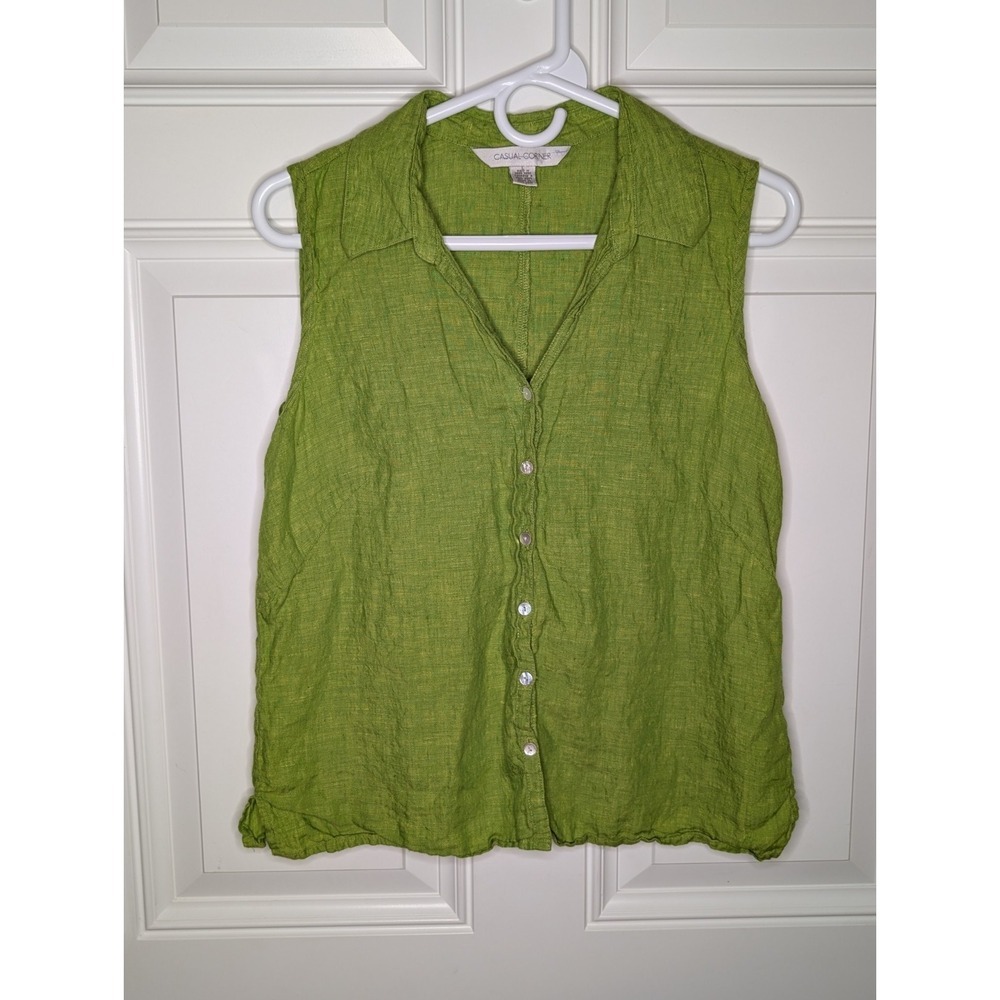 Vtg Casual Corner Women's Small* Bright Green Linen Sleeveless Button Down Top - Picture 2 of 6